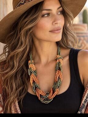 Tanjore India Multi Strand Beaded Statement Necklace Terracotta Green Boho